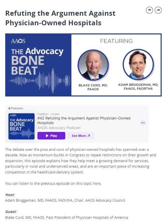 Podcast cover for “Refuting the Argument Against Physician-Owned Hospitals” featuring Dr. Blake Curd and Dr. Adam Bruggeman on AAOS’s The Advocacy Bone Beat